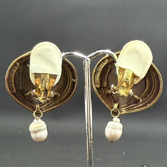 Stephen Dweck 1.5" Earrings - Sterling Bronze Cameo & Pearl Drop Clip-On - Picture 3 of 7